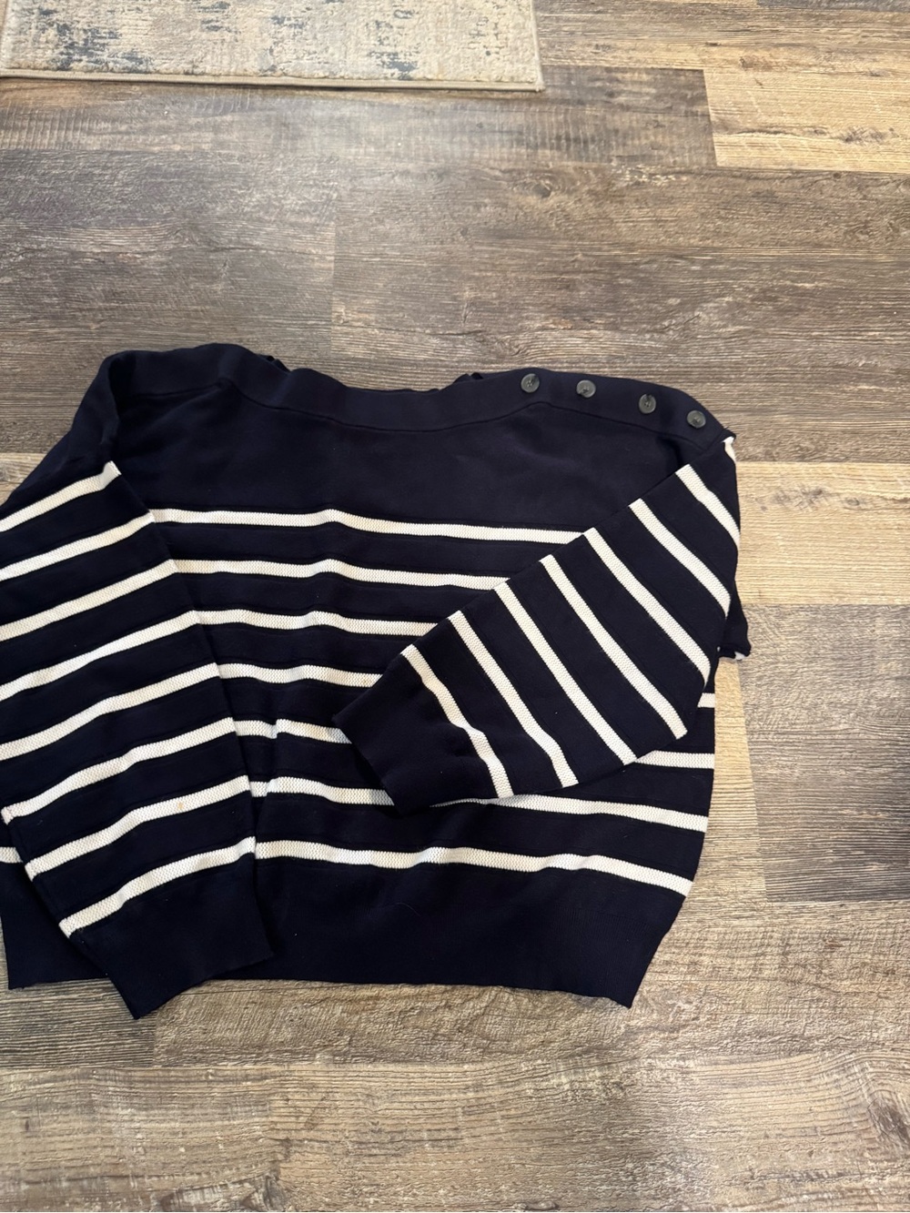 Navy and White Striped Off-the-Shoulder Sweater with Shoulder Buttons